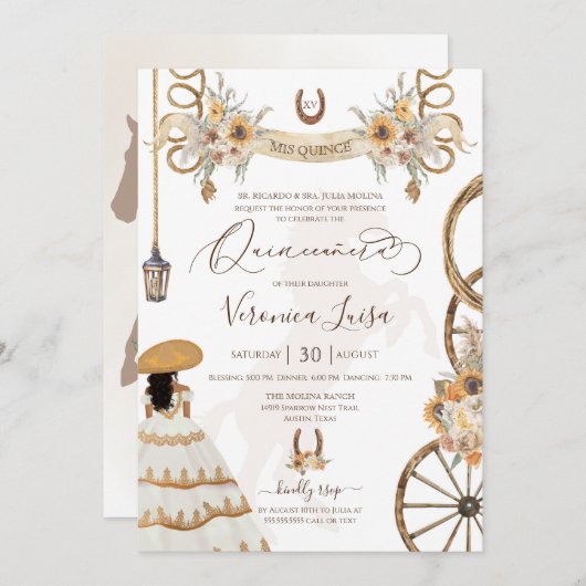 Charro Floral Boho Rustikales Land Quinceanera Einladung (Vorne/Hinten)