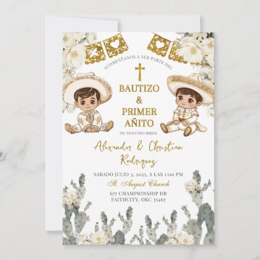 Charro Gold White Twins Taufe und Erster Geburtsta Einladung (Vorderseite)