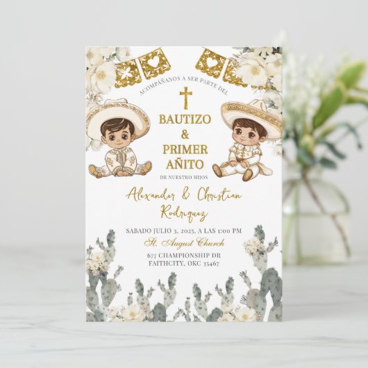 Charro Gold White Twins Taufe und Erster Geburtsta Einladung (Stehend Vorderseite)