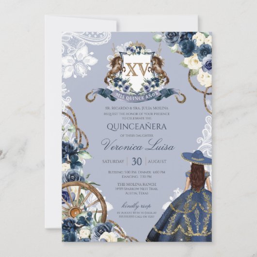 Charro Horse Wappen Royal Navy Blue Quinceanera Einladung (Vorderseite)