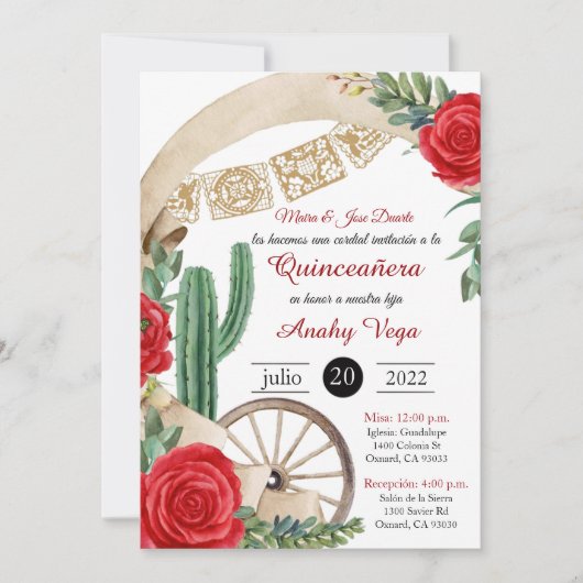 Charro Huapango Quinceanera Einladung, Rote Rosen Einladung (Vorderseite)