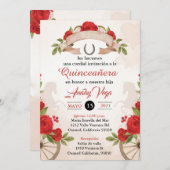 Charro/Huapango Quinceanera Einladung, Rote Rosen Einladung (Vorne/Hinten)