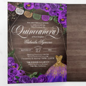 Charro Lila Rose Land Foto Quinceañera hinzufügen Dreifach Gefaltete Einladung (Innen Erste Seite)