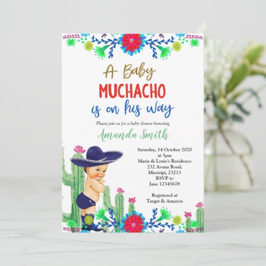Charro Mexican Boy Baby Shower Einladung (Stehend Vorderseite)