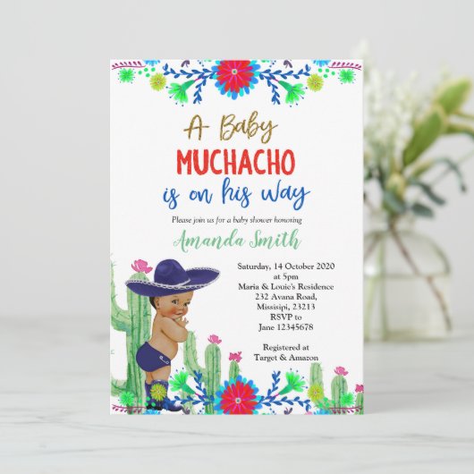 Charro Muchacho mexikanische Baby-Dusche Einladung (Stehend Vorderseite)