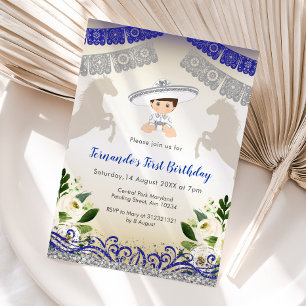 Charro Navy Blue Silver Einladung 1. Geburtstag