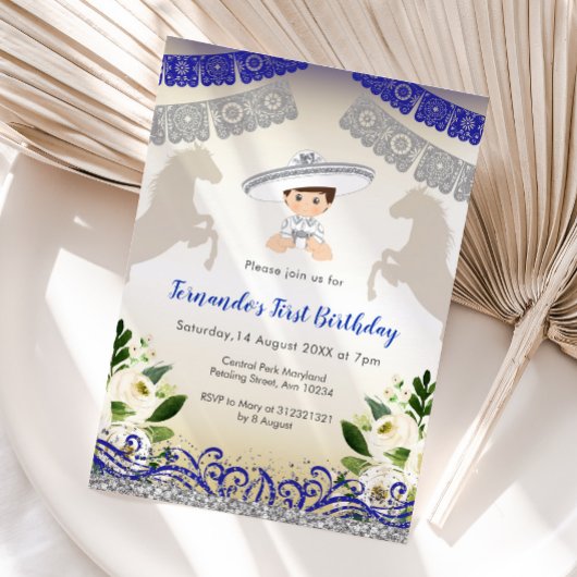 Charro Navy Blue Silver Einladung 1. Geburtstag