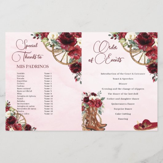 Charro-Programm "Quinceañera Burgundy Red Floral" (Rückseite)