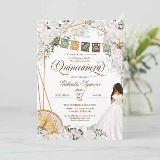 Charro Quinceanera, eleganter weißer Western Einladung (Stehend Vorderseite)