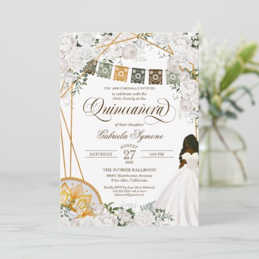 Charro Quinceanera, eleganter weißer Western Einladung (Stehend Vorderseite)