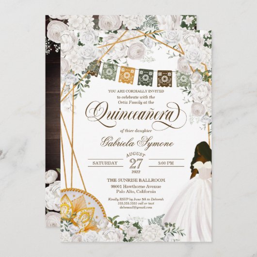 Charro Quinceanera, eleganter weißer Western Einladung (Vorne/Hinten)