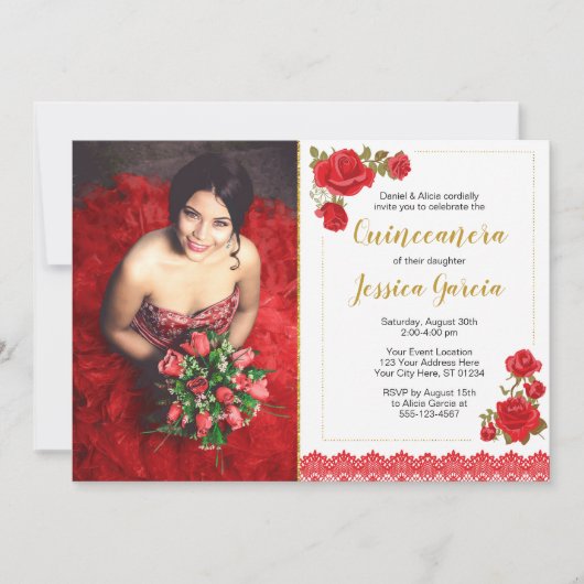 Charro Quinceñera Einladung| Rose und Spitzen Einladung (Vorderseite)