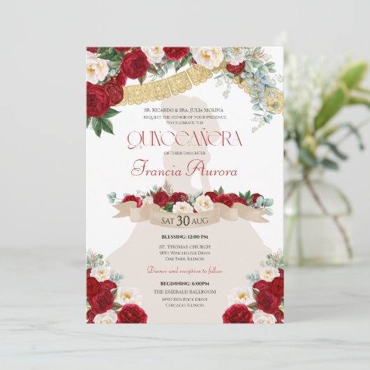 Charro Red White Gold Quinceanera Einladung (Stehend Vorderseite)