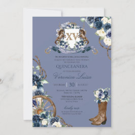 Charro Royal Navy Blue Floral Wappen Quinceanera Einladung