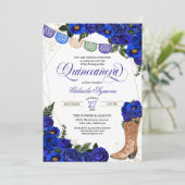 Charro Rustic Cowgirl Boots Blue Rose Quinceañera Einladung (Stehend Vorderseite)