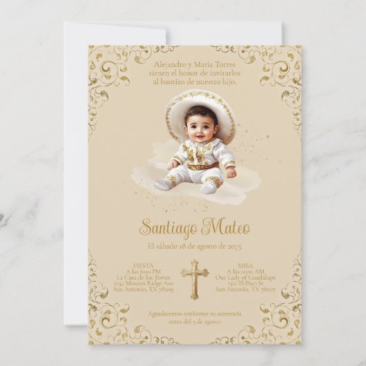 Charro Taufe - Junge - Tan & Gold Einladung (Vorderseite)