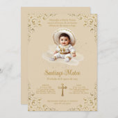 Charro Taufe - Junge - Tan & Gold Einladung (Vorne/Hinten)