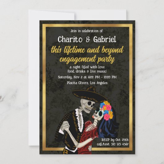 Charro und Catrina Sugar Skulls Tanzen Verlobung Einladung (Vorderseite)