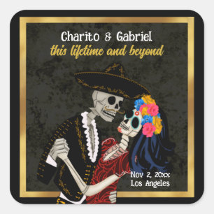 Charro und Catrina Zucker-Schädel Schwarz Quadratischer Aufkleber