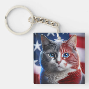 Chartreaux-Katzenzucht mit Hintergrund der US-Flag Schlüsselanhänger