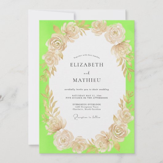 Chartreuse Champagner Florale Hochzeit Einladung (Vorderseite)