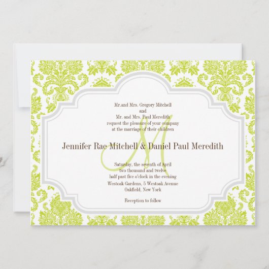 Chartreuse Damask Gray White Wedding Einladungen (Vorderseite)