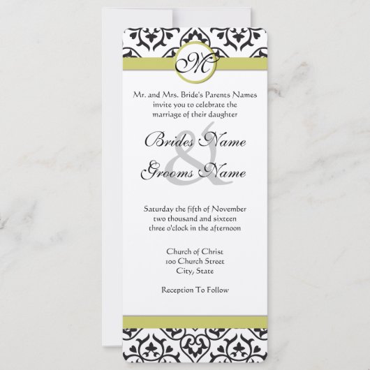 Chartreuse Damask Monogram Wedding Einladung (Vorderseite)