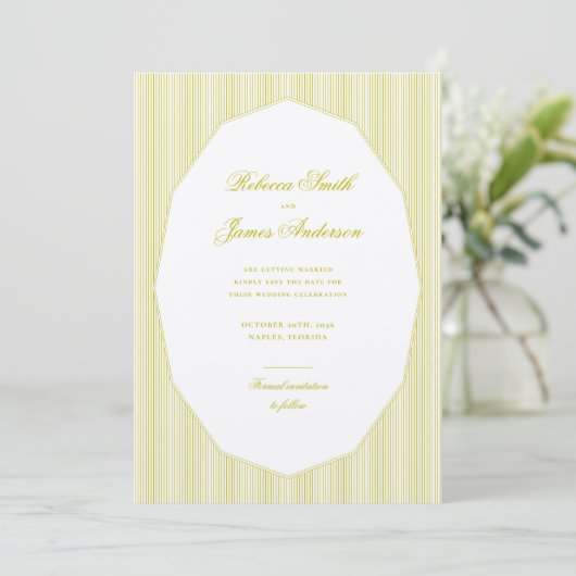 Chartreuse Formal Elegant Classic Stripes Wedding Save The Date (Stehend Vorderseite)
