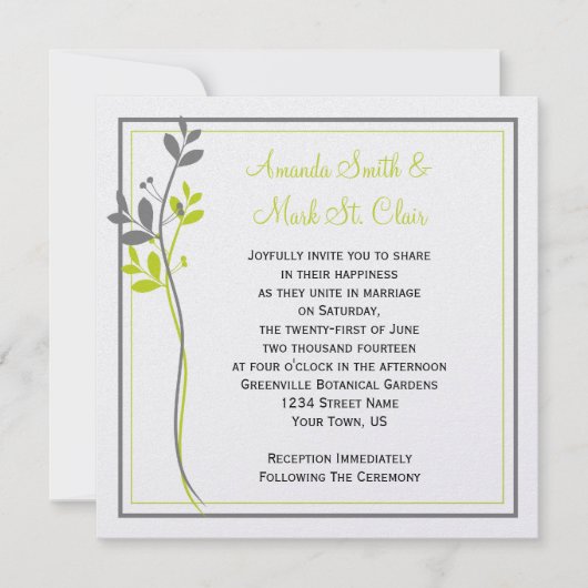 Chartreuse graue Wirbel Hochzeit Einladung (Vorderseite)