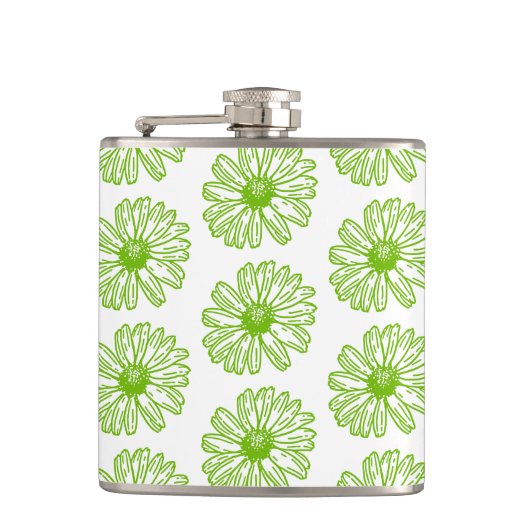 Chartreuse Green Daisy Print, Hippie Blume Print Flachmann (Vorderseite)