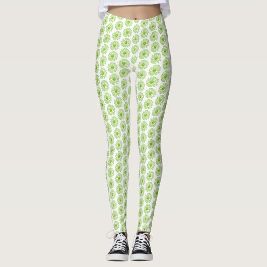 Chartreuse Green Daisy Print, Hippie Blume Print Leggings (Vorderseite)