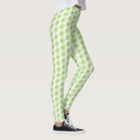 Chartreuse Green Daisy Print, Hippie Blume Print Leggings (Rechts)