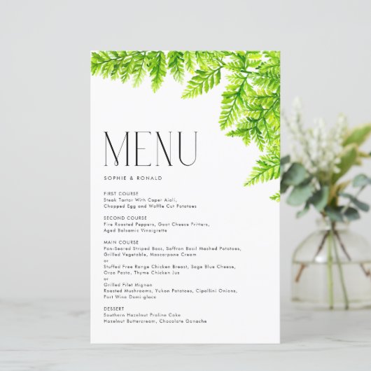 Chartreuse Green Fern Blätter Wedding Menu Card (Stehend Vorderseite)