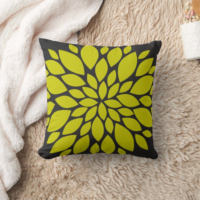 Chartreuse Green und Gray Floral Burst Kissen (Decke)