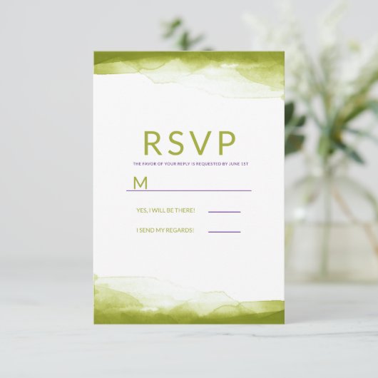 Chartreuse Green Watercolor Modernes Wedding RSVP (Stehend Vorderseite)