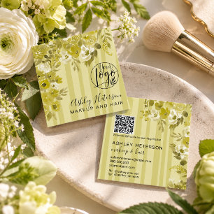 Chartreuse Grün Gestreifte Florale QR Frisur & Mak Quadratische Visitenkarte