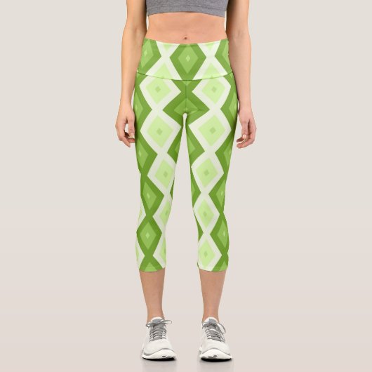 Chartreuse grünes Diamantmuster Capri Leggings (Vorderseite)