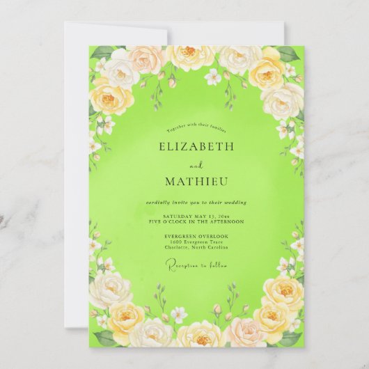 Chartreuse Hochzeit mit Blüten Einladung (Vorderseite)
