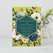 Chartreuse Indigo Bloom Wedding Einladung (Stehend Vorderseite)