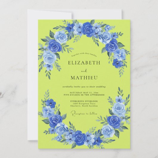 Chartreuse Kobaltrosen-Hochzeit Einladung (Vorderseite)