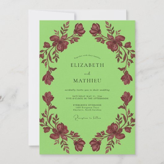 Chartreuse-Maroon-Kranz-Hochzeit Einladung (Vorderseite)