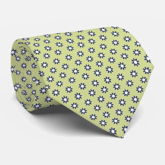 Chartreuse Navy White Tiny Blume Krawatte (Gerollt)