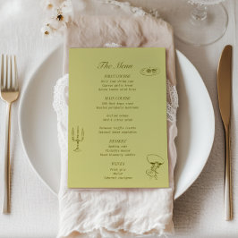 Chartreuse Olive Green Illustriert Wedding Menu Menükarte