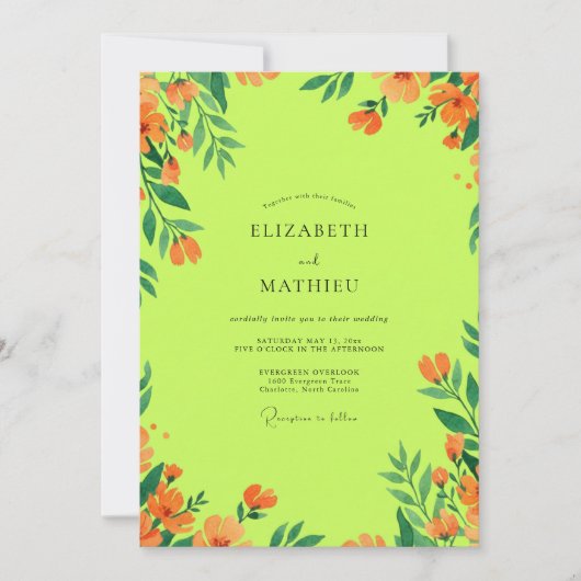 Chartreuse Orange Wildflower-Hochzeit Einladung (Vorderseite)
