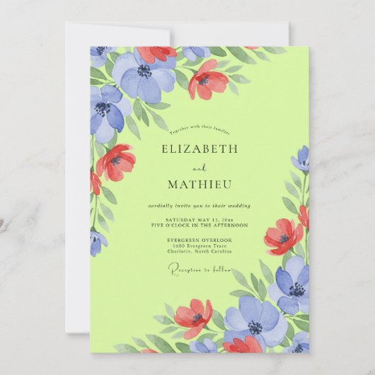 Chartreuse Periwinkle Mohnblumen-Hochzeit Einladung (Vorderseite)