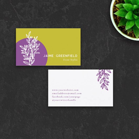Chartreuse Purple Greenery Line Art Business Card Visitenkarte