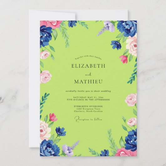 Chartreuse Rosa Pfingstrosen-Hochzeit Einladung (Vorderseite)