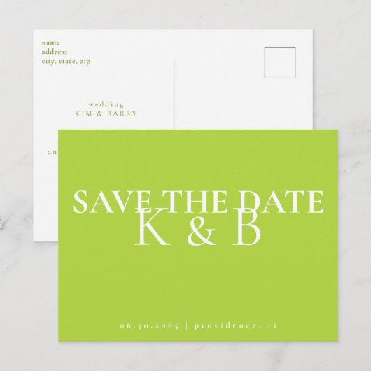 Chartreuse Simplicity Monogram QR Save the Date Postkarte (Vorne/Hinten)