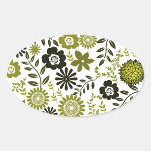 Chartreuse und dunkelolivgrüne Blumenmuster Ovaler Aufkleber