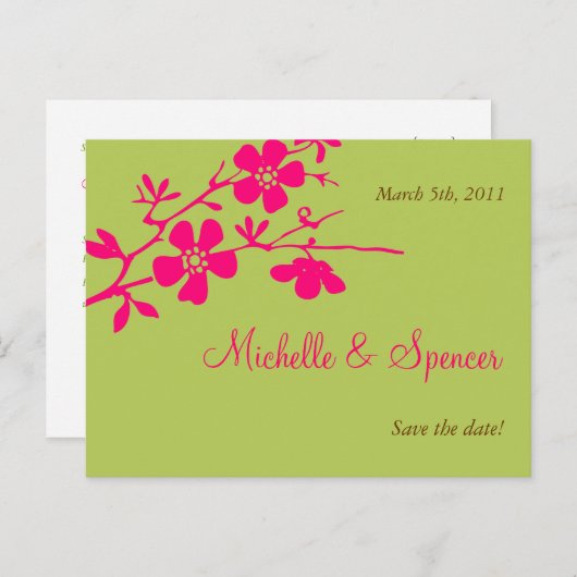 Chartreuse und rosa Blüten speichern Daten Ankündigungspostkarte (Vorne/Hinten)